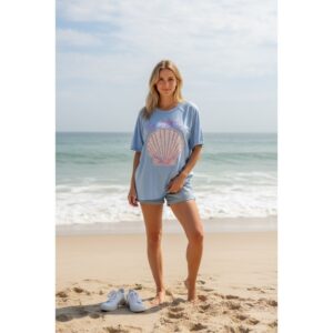 Oceanside Style Blue Shell Tee with Pearls and Sequin - Small