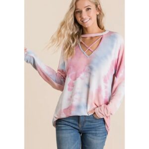 "Pink Skies & Blue Tides" Long Sleeve French Terry Tie Dyed Top