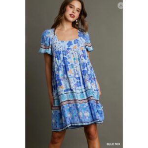 Umgee - Border Print Pin-Tuck Tiered Dress - LARGE