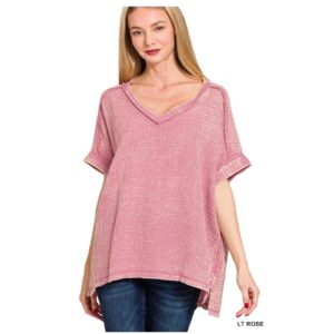 Zenana - Acid Washed Double Gauze V-Neck Cuffed Short Sleeve Top - Medium