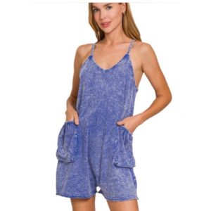 Zenana - Blueberry Acid Crinkle Washed Spaghetti Strap Romper - Medium