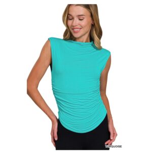 Zenana - Double Layered Ruched Side Mock Neck Top - Small