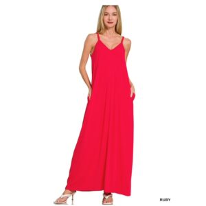 Zenana - V Neck Cami Maxi Dress with Side Pockets - Medium