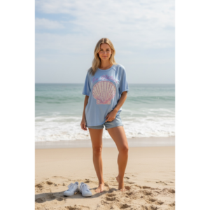 Oceanside Style Blue Shell Tee with Pearls and Sequin - Medium