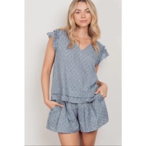 VERY J - Solid Cotton Woven Cute Top & Shorts Set - Small