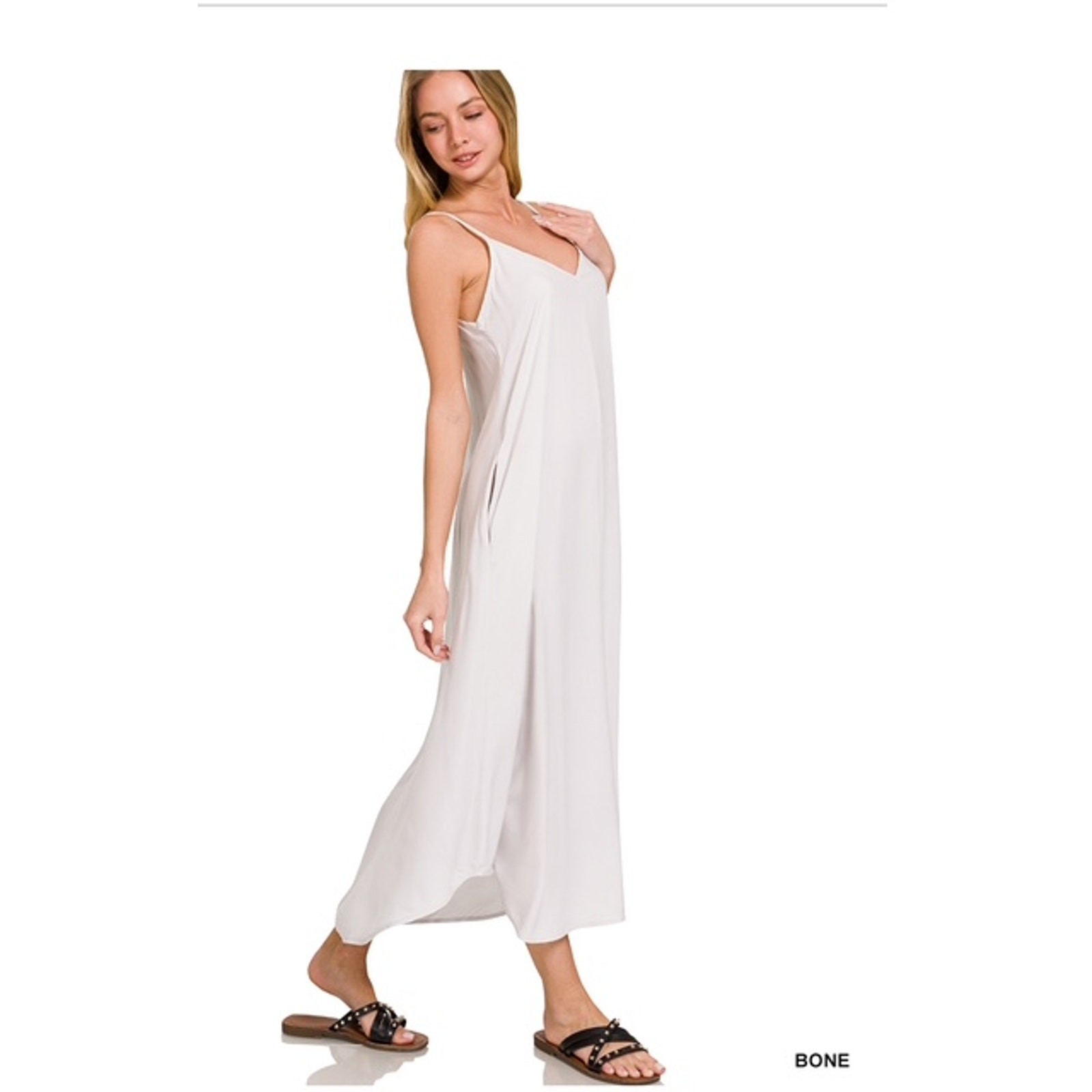 ZENANA - WOVEN ARC HEM CAMI MIDI DRESS WITH FLOWY POCKETS - Small - Image 3