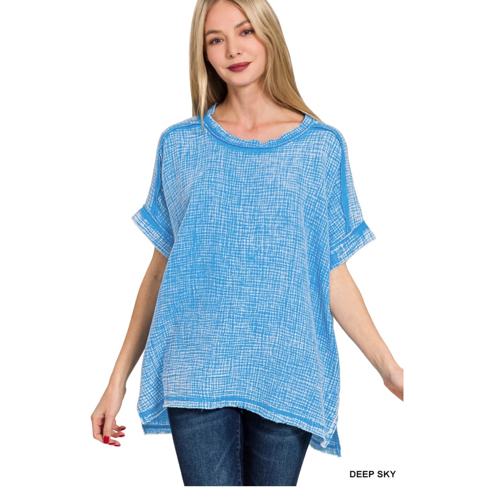 Zenana - Acid Washed Double Gauze Cuffed Short Sleeve Top - Medium - Image 3