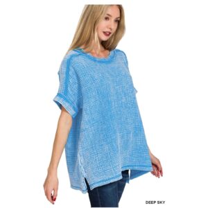 Zenana - Acid Washed Double Gauze Cuffed Short Sleeve Top - Medium