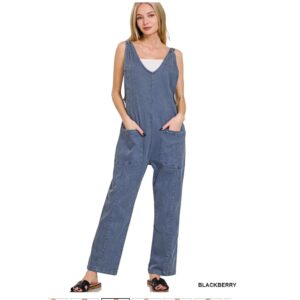 Zenana - Denim Overalls with Adjustable Strap Jumpsuit (Blackberry) - Small