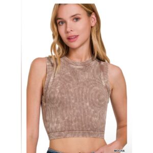 Zenana - Mocha Stone Washed Ribbed Seamless Crop Brami w/Bra Pad - S/M