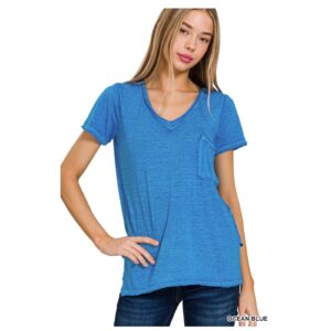 Zenana - Wash Melange Burnout Scoop V-Neck Top - Large